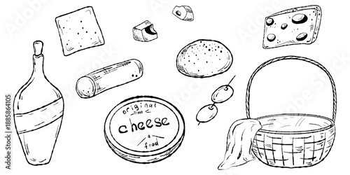 Charcuterie Clipart, Black Cheese Set. Monochrome Cheese Icons, Doodles. Hand drawn Cheese Elements, Board and Bottle Set