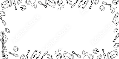 Charcuterie Doodle Border, Hand drawn Cheese Frame. Sketch Cheese Frame, Food Border for Menus. Monochrome Cheese Background, Artisan Platter Frame