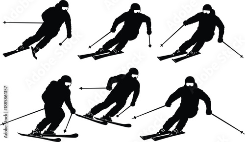Silhouette of alpine skiers skiing downhill in various action poses, extreme winter sport vector illustration