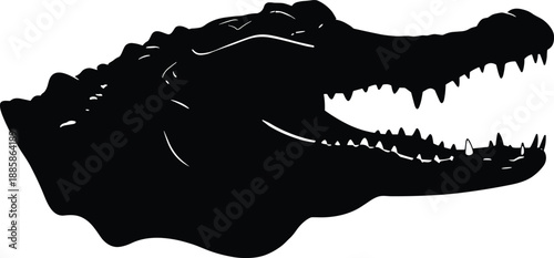 Silhouette of crocodile head with open mouth, predator reptile design, wildlife vector illustration, black graphic icon
