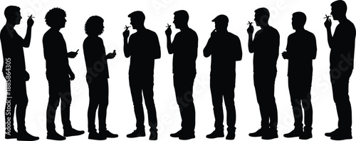 Silhouette of diverse group smoking cigarettes, health risk concept, addiction awareness, isolated on white background