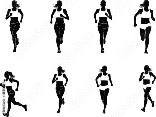 Silhouette of female runners jogging – athletic women in motion fitness illustration set