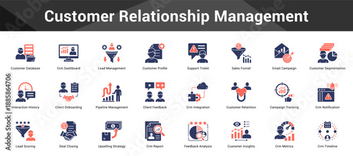 Customer Relationship Management Cohesive set of minimalist vector icons representing key ideas with visual clarity