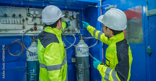 Bild auf Leinwand Two Asian engineers inspecting industrial gas manifold system