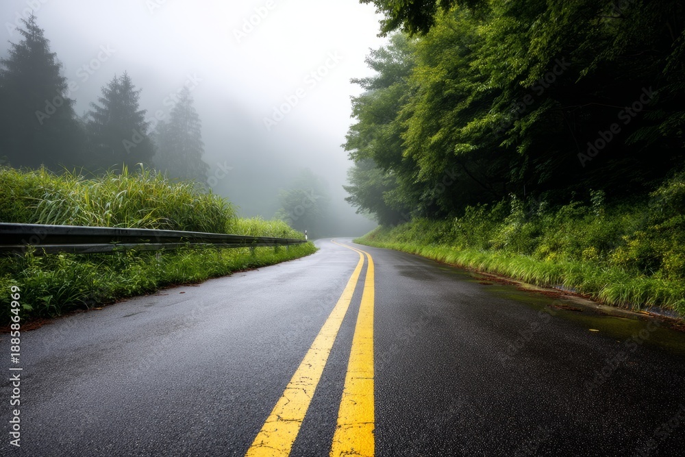 Fototapeta premium Serene Road Winding Through Foggy Village Surrounded by Lush Greenery