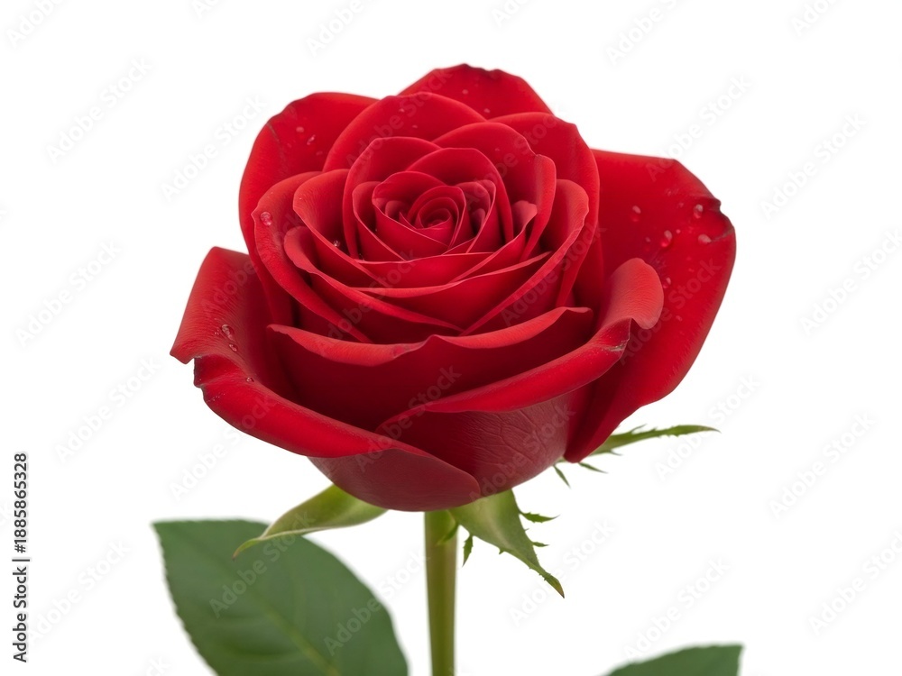 Naklejka premium Single vibrant red rose with dew drops isolated on white background