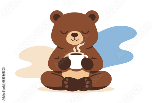 Cute flat design illustration of a bear depicting relaxation with a hot drink for comfort and coziness