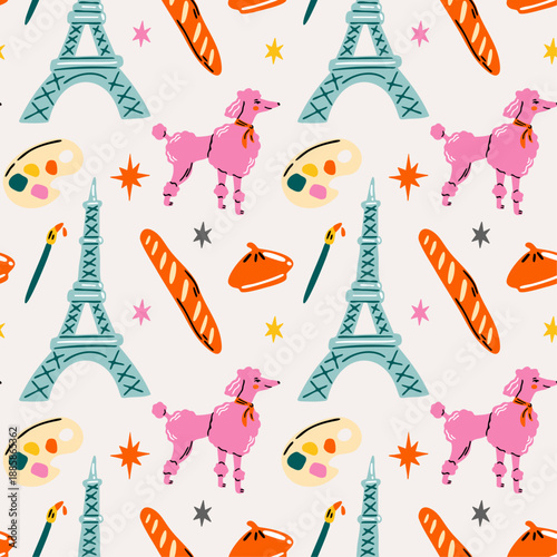 Paris aesthetic seamless vector pattern with cute cartoon retro illustration of Eiffel Tower, baguette, poodle dog, lifestyle elements for travel to France blog concept design