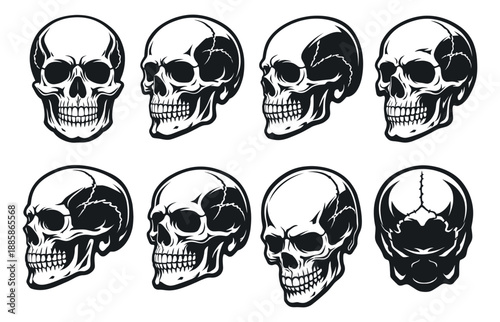 Graphic line art human skull set featuring various views and angles for Halloween and tattoo designs
