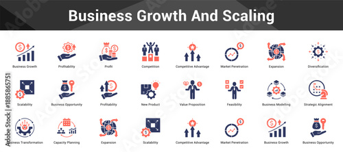 Business Growth And Scaling Cohesive set of minimalist vector icons representing key ideas with visual clarity