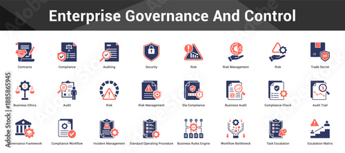 Enterprise Governance And Control Cohesive set of minimalist vector icons representing key ideas with visual clarity