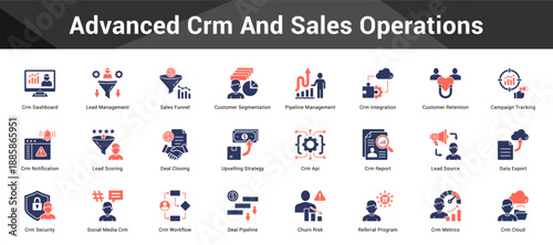 Advanced Crm And Sales Operations Cohesive set of minimalist vector icons representing key ideas with visual clarity