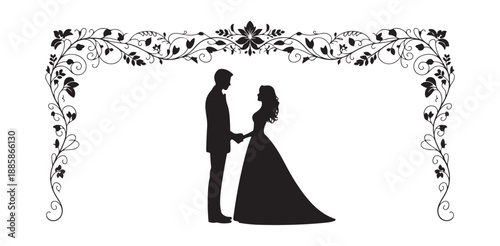 Bride and groom silhouette holding hands under decorative floral arch