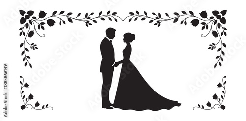 Wedding couple silhouette holding hands framed by ornate floral branches