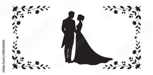 Groom and bride silhouette in loving embrace within floral border
