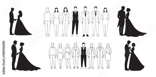 Wedding couple silhouettes and different people standing group collection business casual outfits