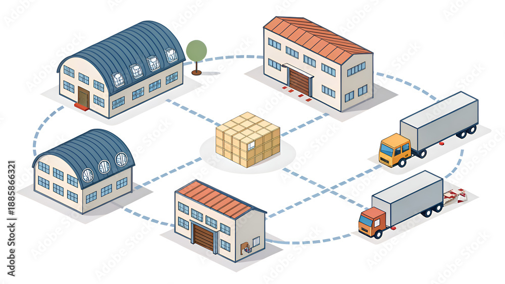Fototapeta premium Cartoon style network of rounded warehouse blocks with trucks and cargo boxes on white background