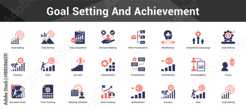 Goal Setting And Achievement Cohesive set of minimalist vector icons representing key ideas with visual clarity