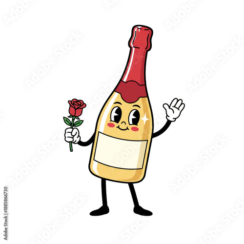 Cute Retro Champagne Bottle Illustration. Valentines Day.  Love. Transparent Background.
