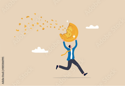 Depreciation, value reduce or drop, losing money from investment or economic recession, inflation or asset decline concept, businessman run away with value decrease dissolve dollar money coin.