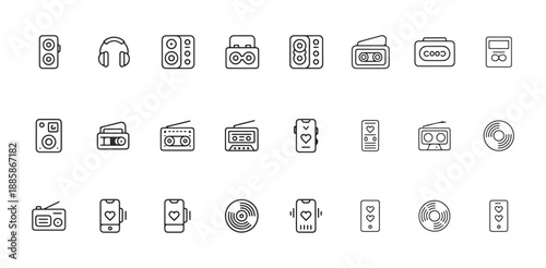 Music player and audio equipment linear icons including speakers radios smartphones and vinyl discs