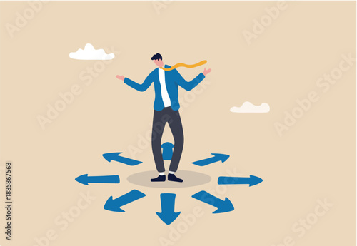 Choose career path, make life decision choice, decide the right or wrong direction, opportunity challenge, confusion or thinking to find the way concept, confused businessman choosing direction.