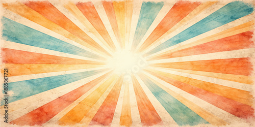 A vintage grunge paper background featuring a retro orange and yellow sunburst pattern with aged sunbeam rays in a classic vector illustration design