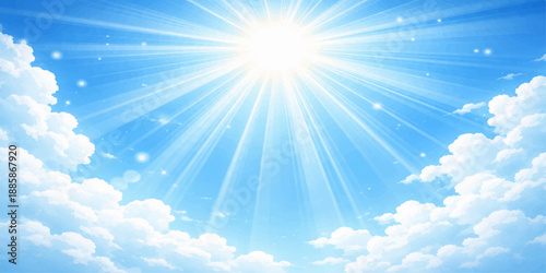 A bright summer sun bursts through white clouds in a clear blue sky, casting radiant rays of golden light across a natural heaven backdrop during a sunny day