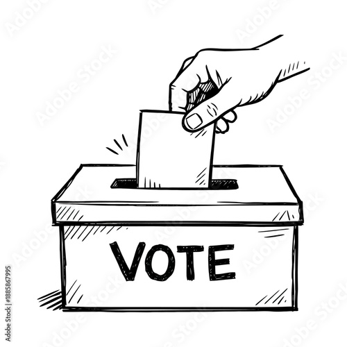 Hand drawn line art illustration of a hand and ballot box depicting a ballot being cast for election