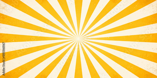 Vintage grunge sunburst background with retro yellow and orange radial rays creating a summer sunrise vector illustration featuring a weathered star beam texture for a hot sunshine design