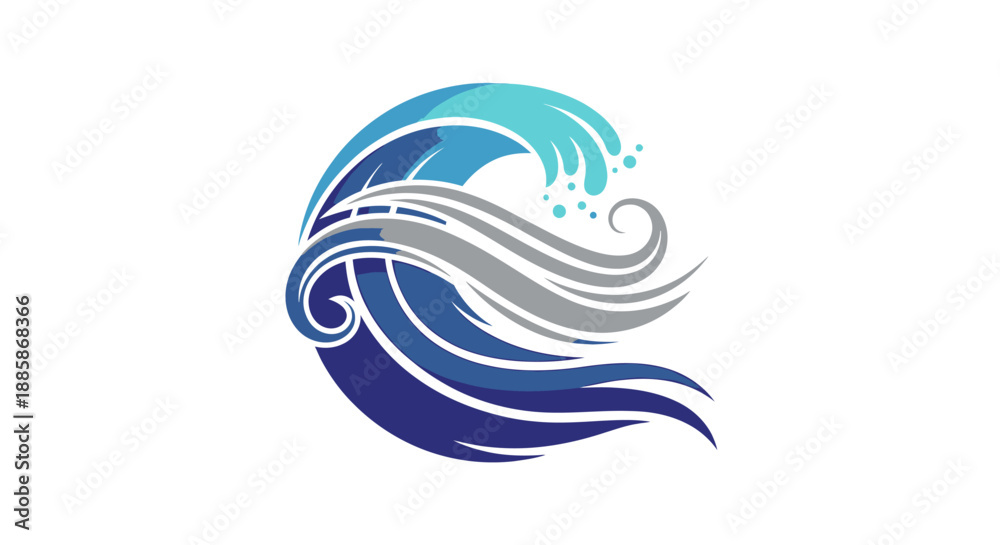 Fototapeta premium Abstract Stylized Ocean Wave in Blue and Grey Tones, Isolated White Background, Water Element