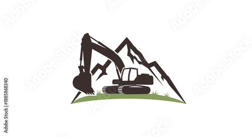 Heavy Excavator Machine Digging on a Mountain Hill Landscape, Isolated White Background, Construction Industry