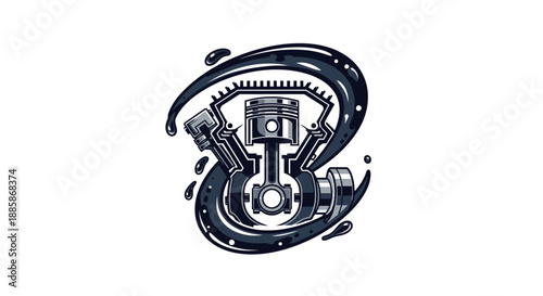 Internal Combustion Engine Piston and Crankshaft with Abstract Gear Swirl, Isolated White Background