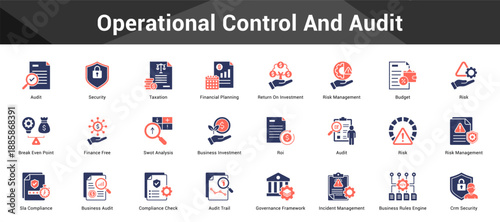 Operational Control And Audit Cohesive set of minimalist vector icons representing key ideas with visual clarity