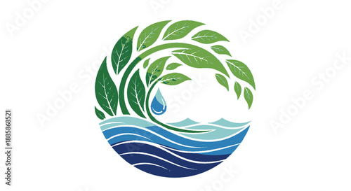 Green Leaves and Water Wave Circle Logo with Water Drop, isolated white background