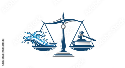 Scales of Justice with Water Waves, Gavel, and Law Book, isolated white background