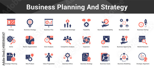Business Planning And Strategy Cohesive set of minimalist vector icons representing key ideas with visual clarity