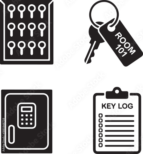 Four black and white of key-related and a key log clipboard keys keyring