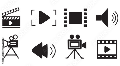 Video and Film Production Icon Set with Camera, Clapperboard, and Play Button Symbols .