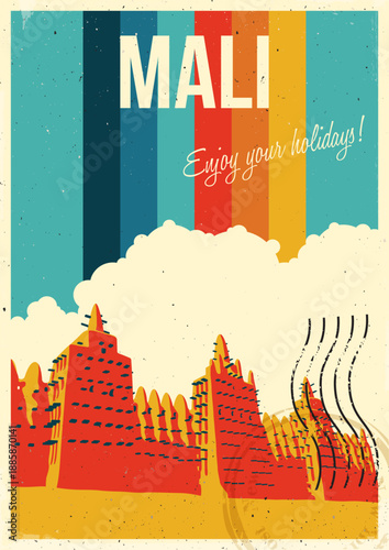 Mali Main Attraction Great Mosque of Djenne, Retro Postcard Style Illustration, Aged Paper Texture, Vintage Colors