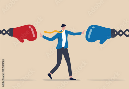 Conflict management, leadership skill to compromise and solving argument problem, negotiation or stop fighting concept, businessman leader stand in the middle to stop conflicted boxing globe fighting.