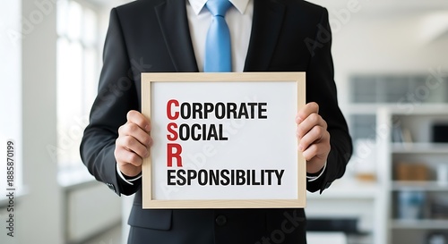 Businessman holding a sign with corporate social responsibility csr concept