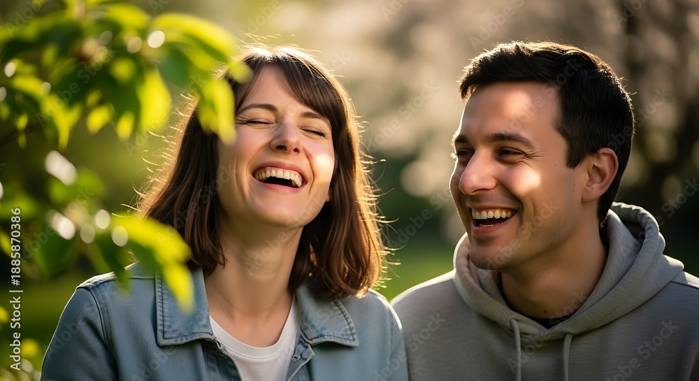 Obraz premium A happy couple laughing together outdoors in a natural setting