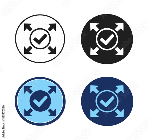 Modern interface icons set featuring a checkmark within a circle and outward-pointing arrows for user experience design