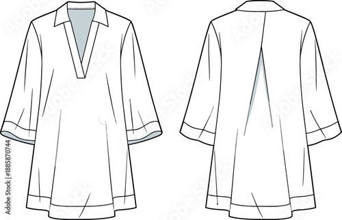 Technical Fashion Flat Illustration Of A Women Oversized Tunic Shirt With V Neckline Collar And Inverted Back Pleat