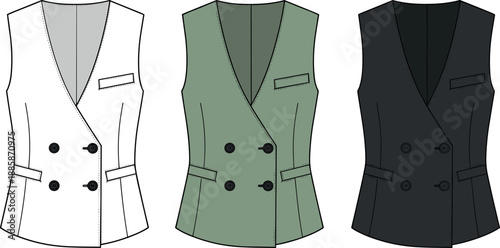 Women vest technical fashion sketch, sleeveless waistcoat front view variations, tailored apparel line art illustration