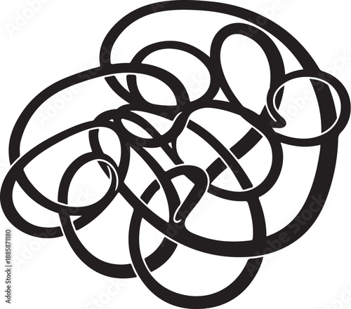 Tangled mess of black rubber bands on white background