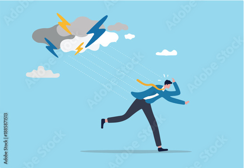 Runaway from crisis, catastrophe misfortune situation, escape from disaster, bankruptcy or danger failure, overworked, anxiety or work stress concept, businessman run away from thunder storm raining.