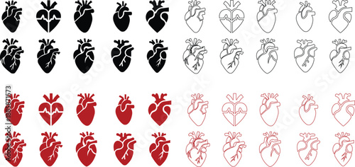 Human heart anatomy icon set with flat and line styles, medical cardiology symbols, heartbeat ECG heart icons in black and red monochrome vector illustration collection