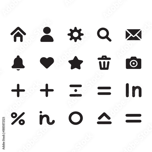 A simple set of web icons showing common website elements like home, search, arrows, people, and buttons for internet and business design